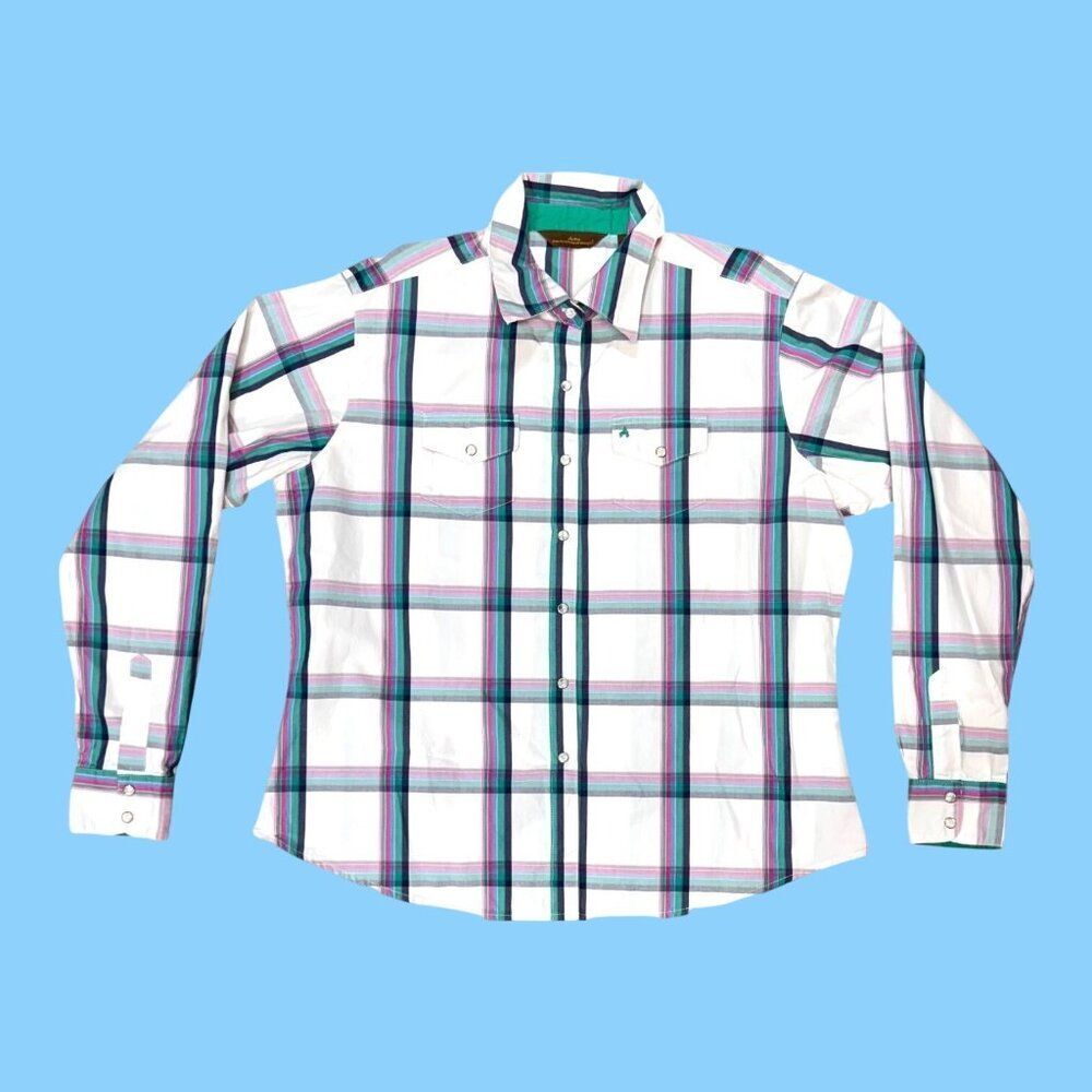 Aura Wrangler Womens Long-Sleeve Plaid Shirt Button Front L 100% Cotton Green